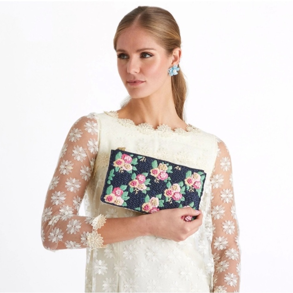 LELE SADOUGHI Midnight Bouquet Floral Straw Embroidery Large Pouch Clutch Purse